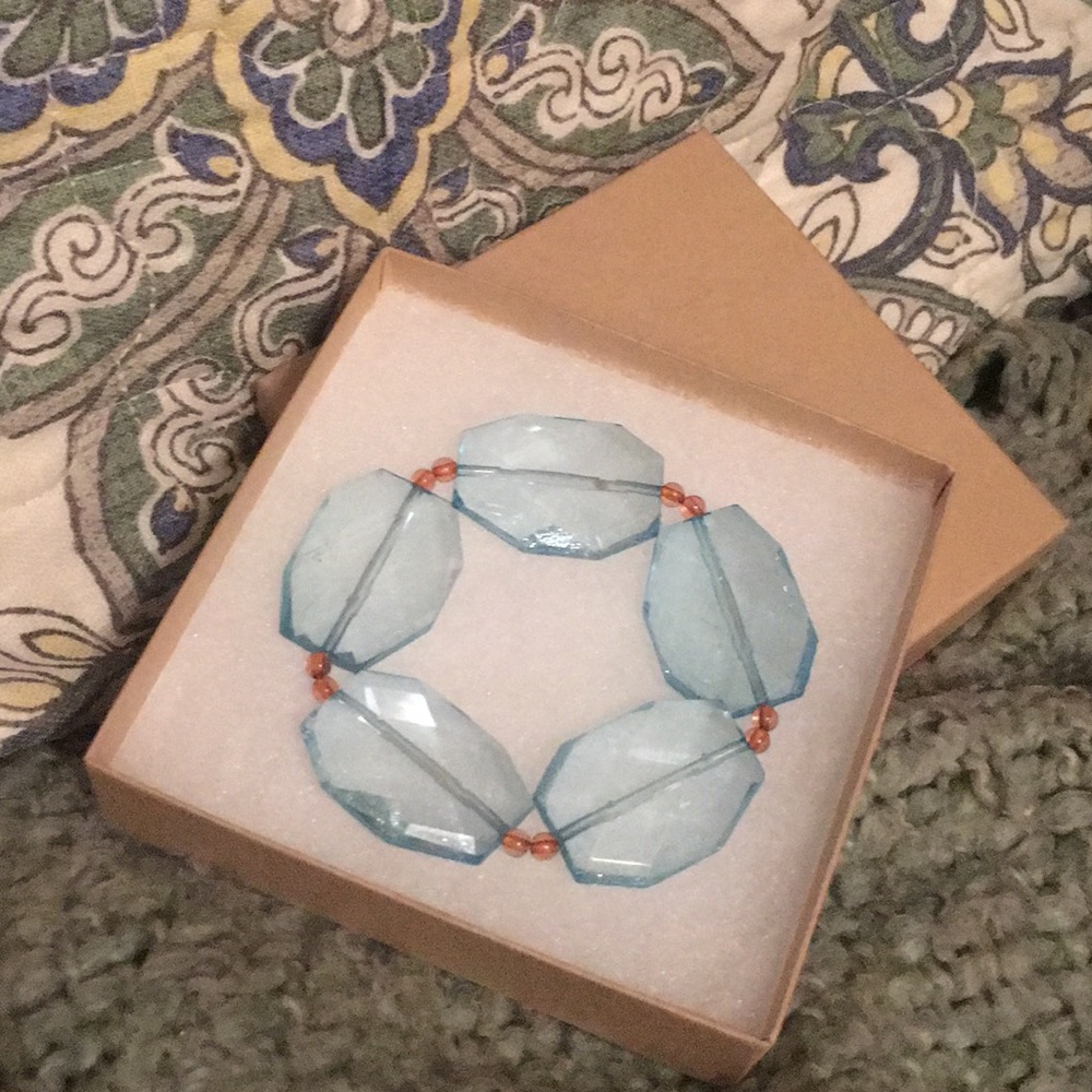 Blue & amber glass bead stretch elastic bracelet